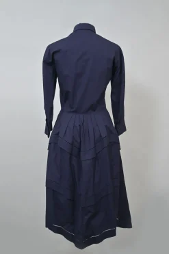 Navy cotton poplin paneled A-line midi shirt dress with cutout edge trim detailing