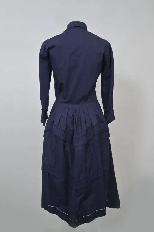Navy cotton poplin paneled A-line midi shirt dress with cutout edge trim detailing