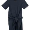 Navy cotton poplin short sleeve cutout mini dress with self tie waist