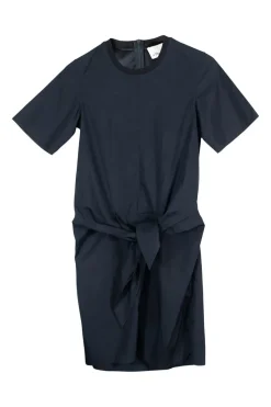 Navy cotton poplin short sleeve cutout mini dress with self tie waist