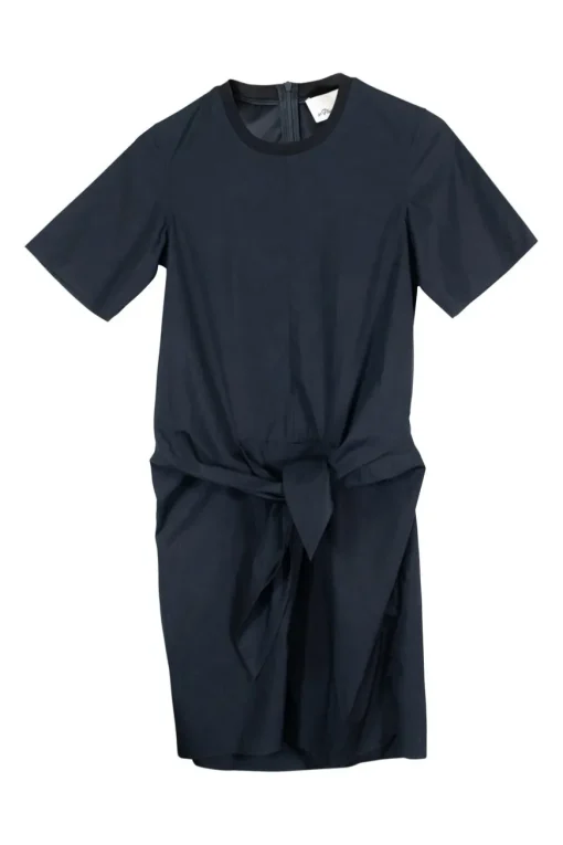 Navy cotton poplin short sleeve cutout mini dress with self tie waist