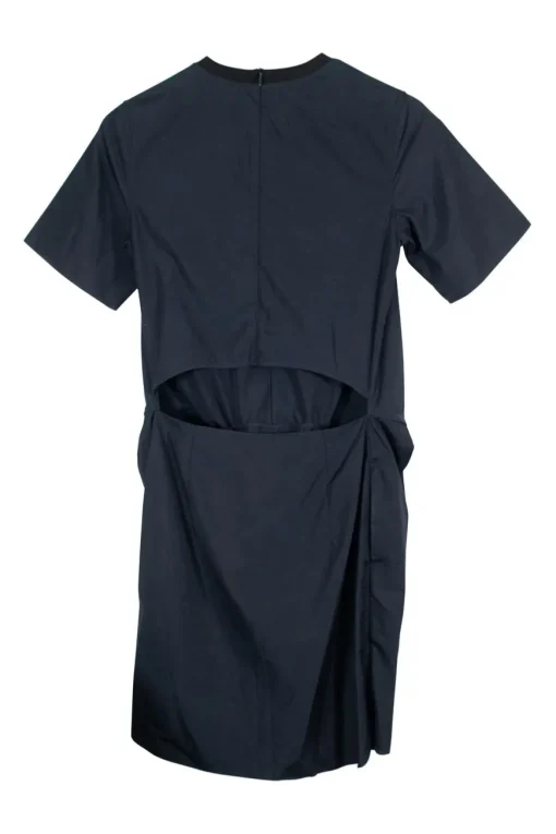 Navy cotton poplin short sleeve cutout mini dress with self tie waist