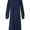 Navy cotton poplin spread-collar half-button shirt dress with long sleeves and wide cuffs