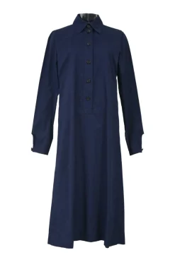 Navy cotton poplin spread-collar half-button shirt dress with long sleeves and wide cuffs