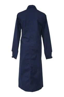 Navy cotton poplin spread-collar half-button shirt dress with long sleeves and wide cuffs