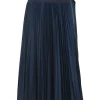 Navy cotton pull-on high-rise wrap-front apron-style midi plissé skirt with stacked pull tab fastening