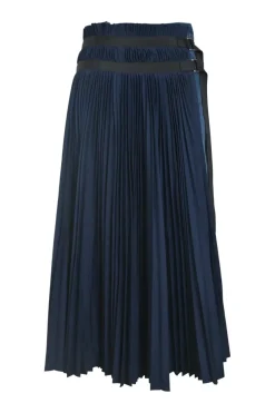 Navy cotton pull-on high-rise wrap-front apron-style midi plissé skirt with stacked pull tab fastening