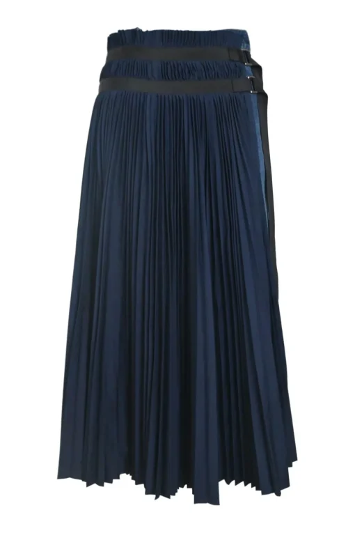 Navy cotton pull-on high-rise wrap-front apron-style midi plissé skirt with stacked pull tab fastening