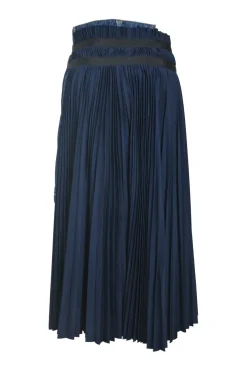 Navy cotton pull-on high-rise wrap-front apron-style midi plissé skirt with stacked pull tab fastening