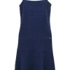 Navy cotton racked knit pinafore drop-waist shift dress