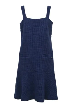 Navy cotton racked knit pinafore drop-waist shift dress