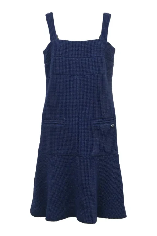 Navy cotton racked knit pinafore drop-waist shift dress