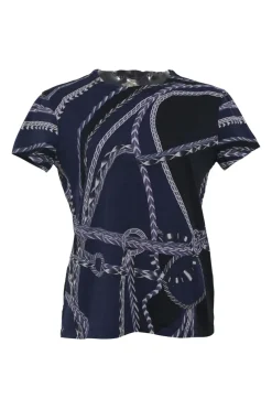 Navy cotton 'Robe Du Soir' print cap sleeve pullover jersey knit T-shirt featuring original artwork by Florence Manlik
