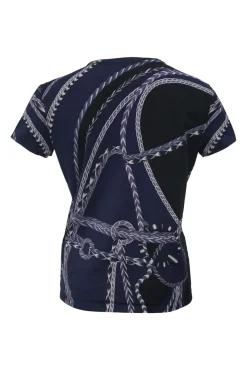 Navy cotton 'Robe Du Soir' print cap sleeve pullover jersey knit T-shirt featuring original artwork by Florence Manlik