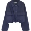 Navy cotton twill button-front utility bubble safari-style shirt with chest cargo pockets