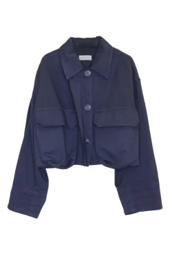 Navy cotton twill button-front utility bubble safari-style shirt with chest cargo pockets