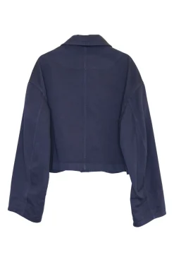 Navy cotton twill button-front utility bubble safari-style shirt with chest cargo pockets