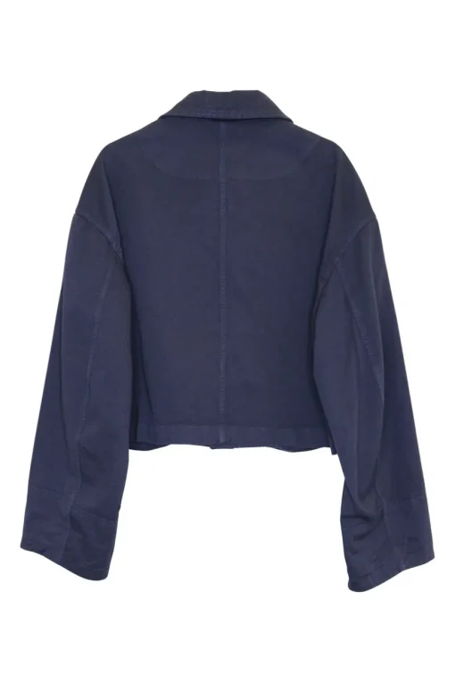 Navy cotton twill button-front utility bubble safari-style shirt with chest cargo pockets