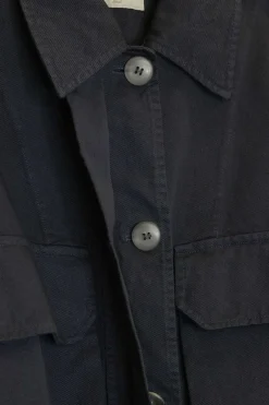 Navy cotton twill button-front utility bubble safari-style shirt with chest cargo pockets