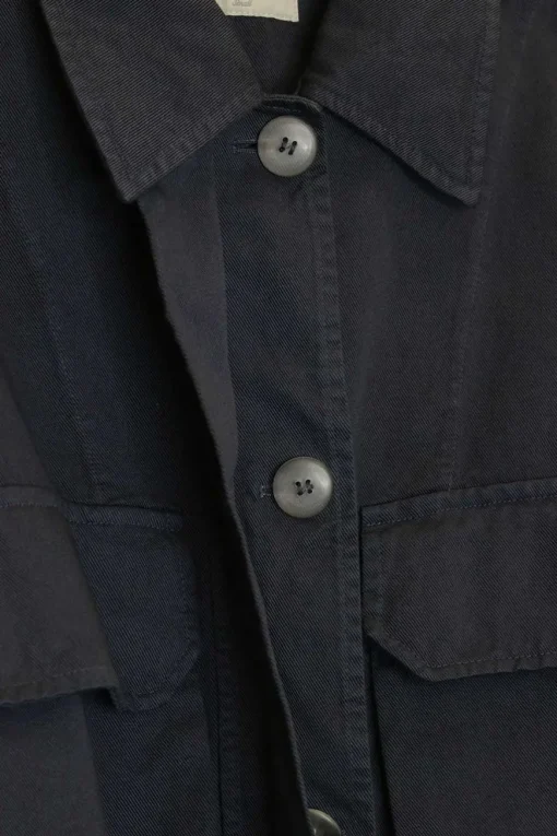 Navy cotton twill button-front utility bubble safari-style shirt with chest cargo pockets