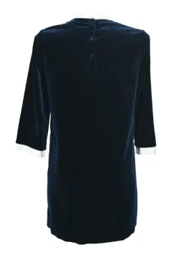 Navy cotton velvet pullover three-quarter sleeve shift dress with contrasting ruffled collar and cuffs
