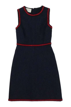 Navy cotton-blend dot print sleeveless sheath dress with contrast broderie edge motif