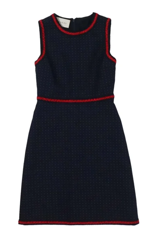 Navy cotton-blend dot print sleeveless sheath dress with contrast broderie edge motif
