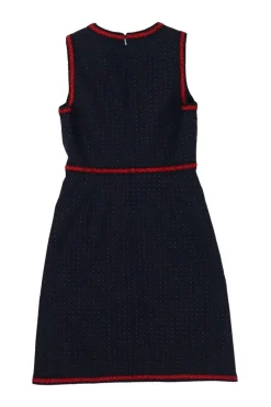 Navy cotton-blend dot print sleeveless sheath dress with contrast broderie edge motif