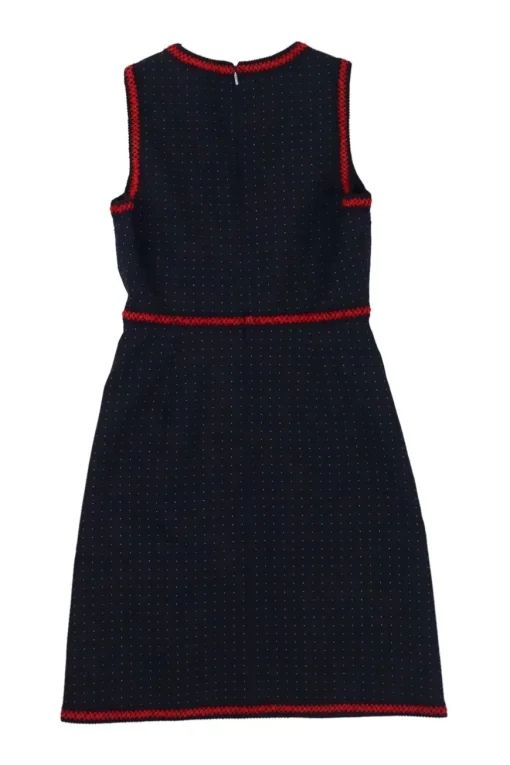 Navy cotton-blend dot print sleeveless sheath dress with contrast broderie edge motif