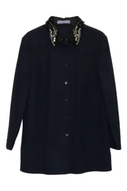 Navy cotton-blend embellished classic collar button-front swing-style shirt