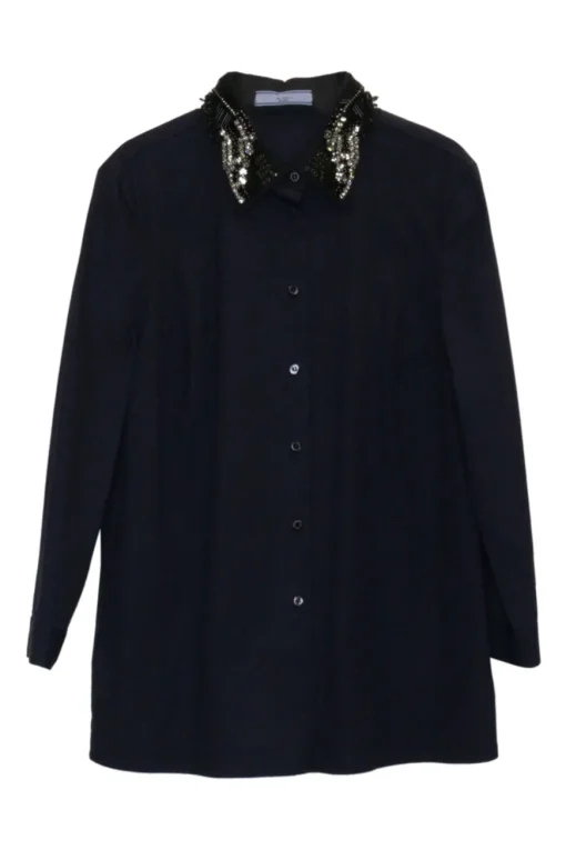 Navy cotton-blend embellished classic collar button-front swing-style shirt
