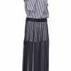 Navy cotton-blend mixed-media striped poplin pussy-bow belted midi dress with tonal semi-sheer chiffon skirt
