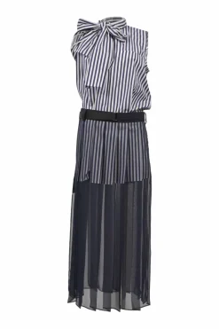 Navy cotton-blend mixed-media striped poplin pussy-bow belted midi dress with tonal semi-sheer chiffon skirt