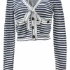 Navy cotton-blend striped knit tie-front cardigan