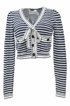 Navy cotton-blend striped knit tie-front cardigan