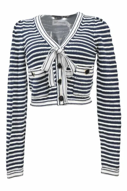 Navy cotton-blend striped knit tie-front cardigan