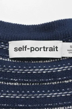 Navy cotton-blend striped knit tie-front cardigan
