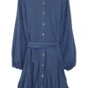 Navy cotton-voile self-tie belted dolman sleeve mini flared dress with godet inserts at skirt