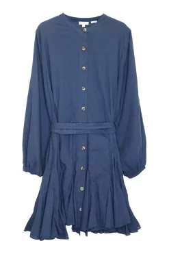 Navy cotton-voile self-tie belted dolman sleeve mini flared dress with godet inserts at skirt