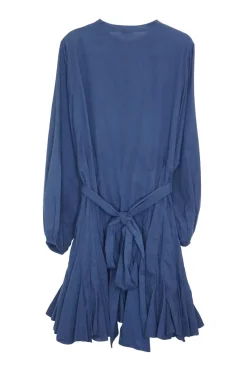 Navy cotton-voile self-tie belted dolman sleeve mini flared dress with godet inserts at skirt