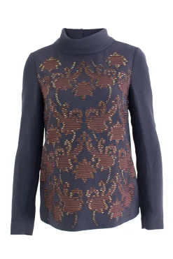 Navy Crepe Long Sleeve Cowl Neck Blouse With Beaded Embellished Front