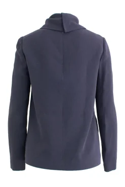 Navy Crepe Long Sleeve Cowl Neck Blouse With Beaded Embellished Front