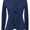 Navy crewneck pullover ruffle knit top