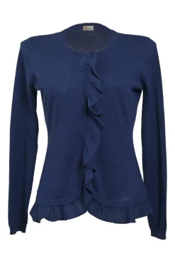 Navy crewneck pullover ruffle knit top