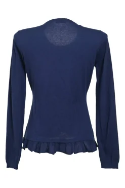 Navy crewneck pullover ruffle knit top