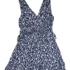 Navy crinkle silk-blend floral print tiered plunge neck camisole with adjustable tassel-trimmed tie straps