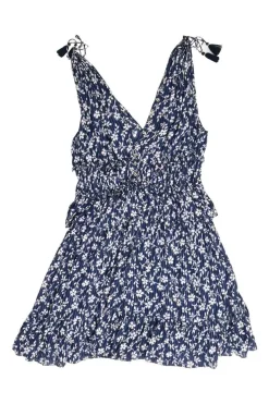 Navy crinkle silk-blend floral print tiered plunge neck camisole with adjustable tassel-trimmed tie straps