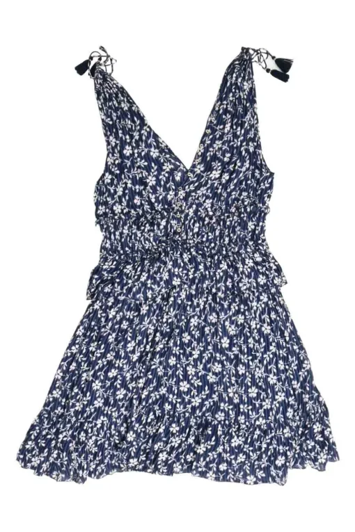 Navy crinkle silk-blend floral print tiered plunge neck camisole with adjustable tassel-trimmed tie straps