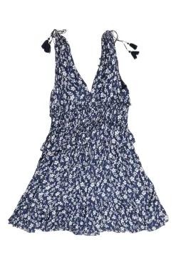 Navy crinkle silk-blend floral print tiered plunge neck camisole with adjustable tassel-trimmed tie straps