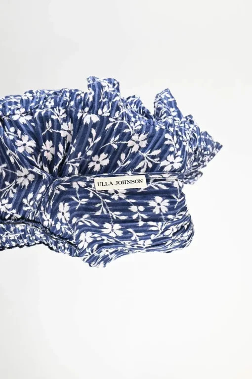 Navy crinkle silk-blend floral print tiered plunge neck camisole with adjustable tassel-trimmed tie straps